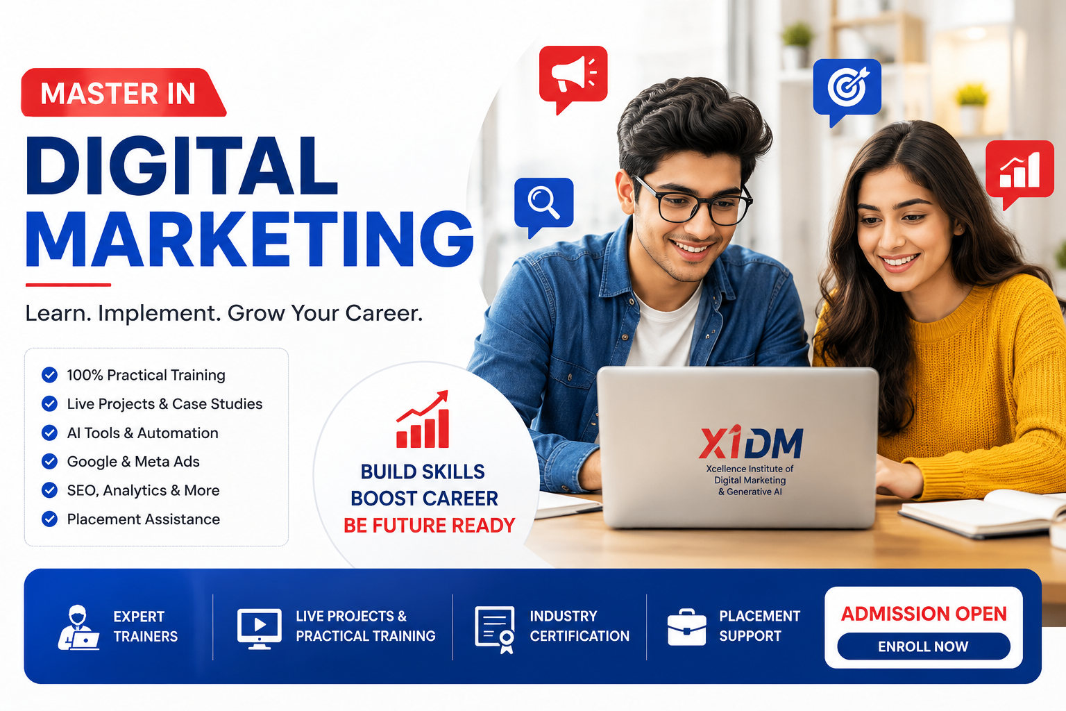 Master in Digital Marketing course at XIDM featuring male and female students learning SEO, Google Ads, Meta Ads, AI tools, live projects, and practical digital marketing training.